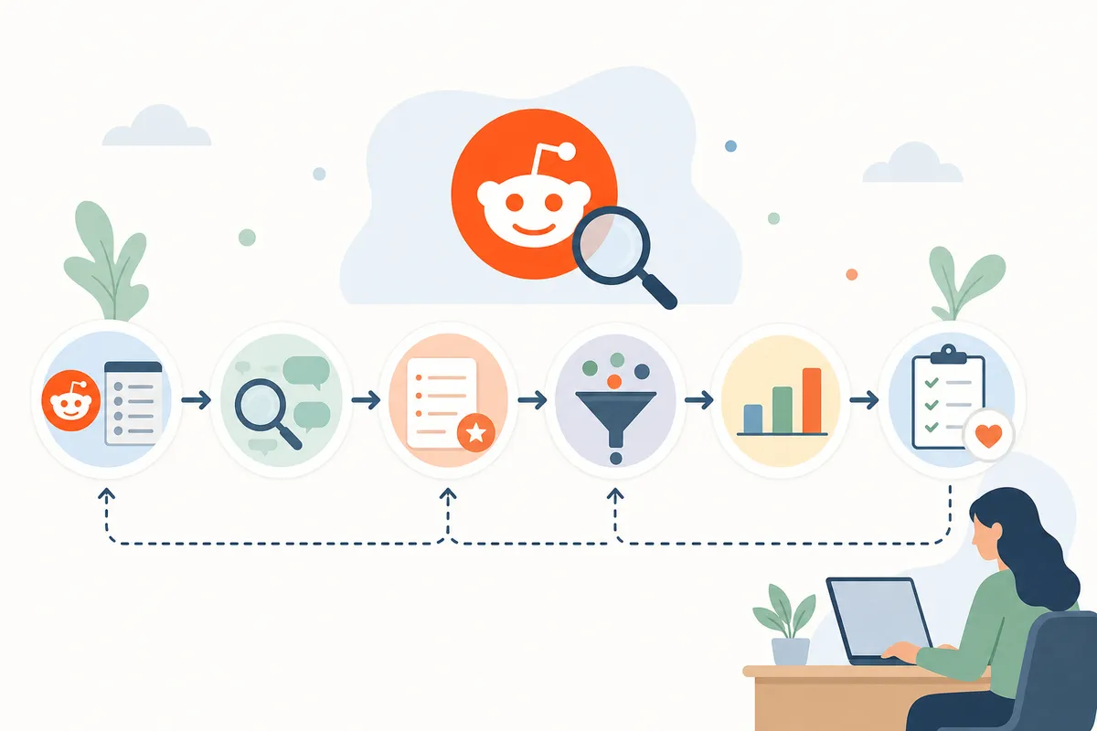 SEO workflow diagram mapping Reddit keyword research to a content plan