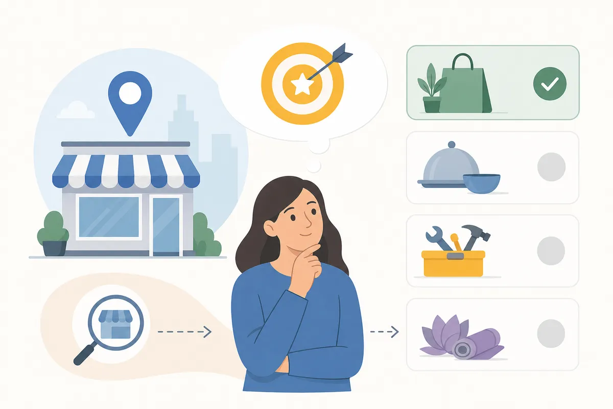 Diagrama de los pasos para elegir una categoría principal de Google Business Profile, desde ordenar los servicios por ingresos hasta confirmar que la categoría existe.