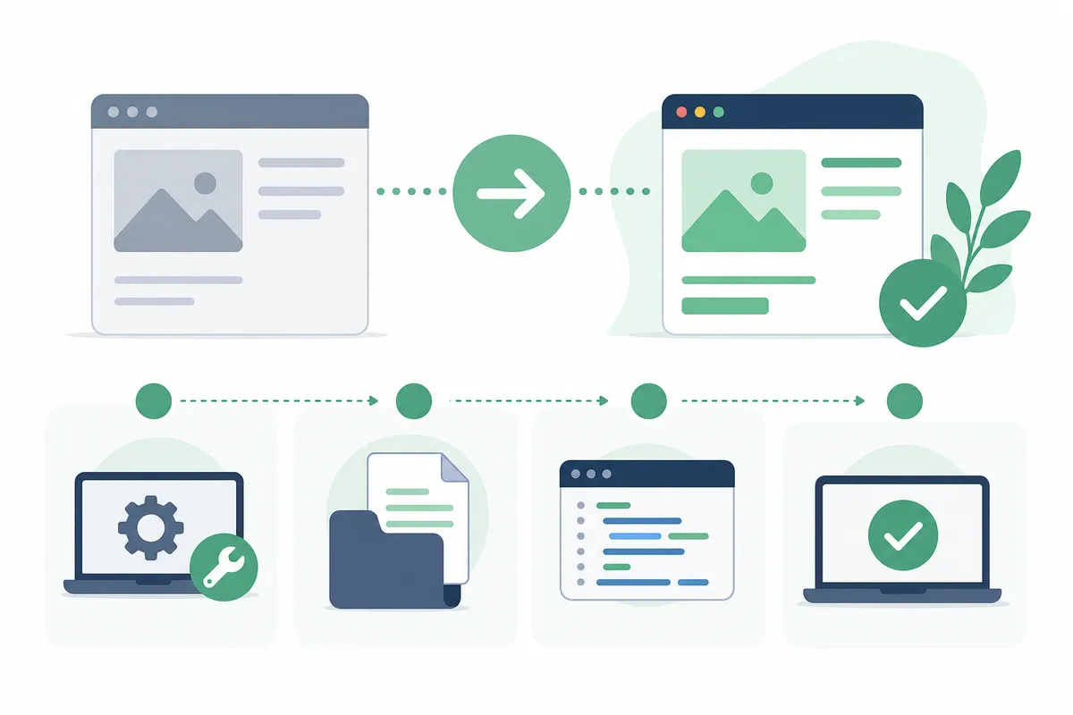 Screenshot-style illustration showing how to do a 301 redirect in a website builder's settings panel, with old URL and new URL fields