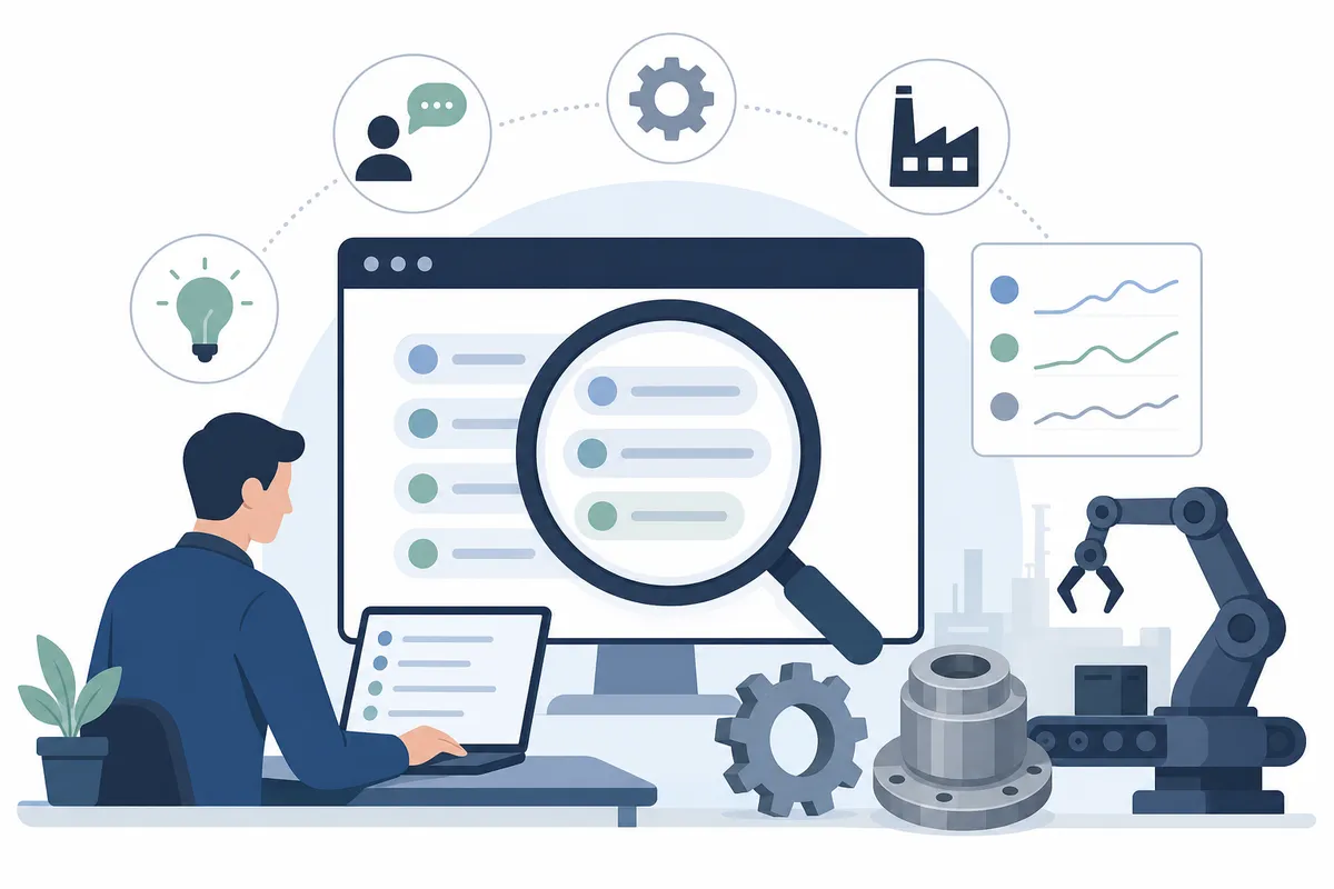 Keyword research spreadsheet mapping industrial search terms to manufacturing capability pages
