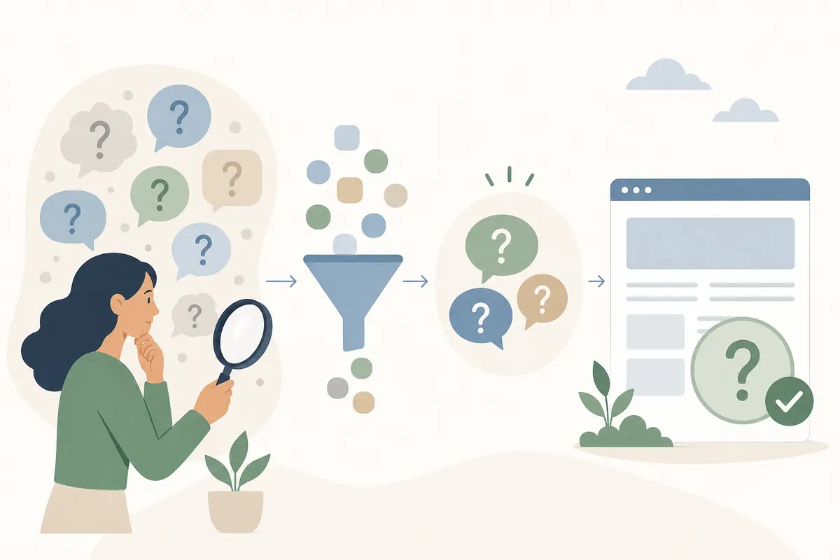 Sources for FAQ questions including support inbox, sales notes and People Also Ask results