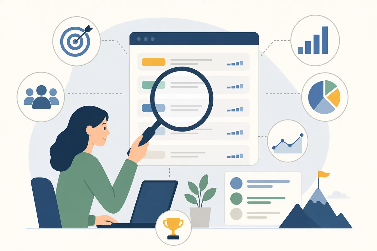 Spreadsheet comparing missing and weak competitive keywords found during a gap analysis