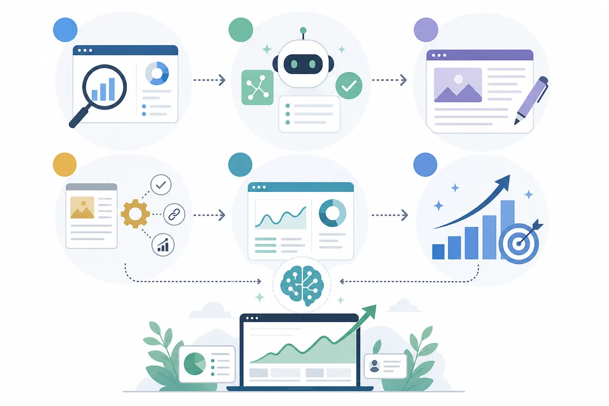Six-step AI-driven SEO workflow from keyword research to content refresh