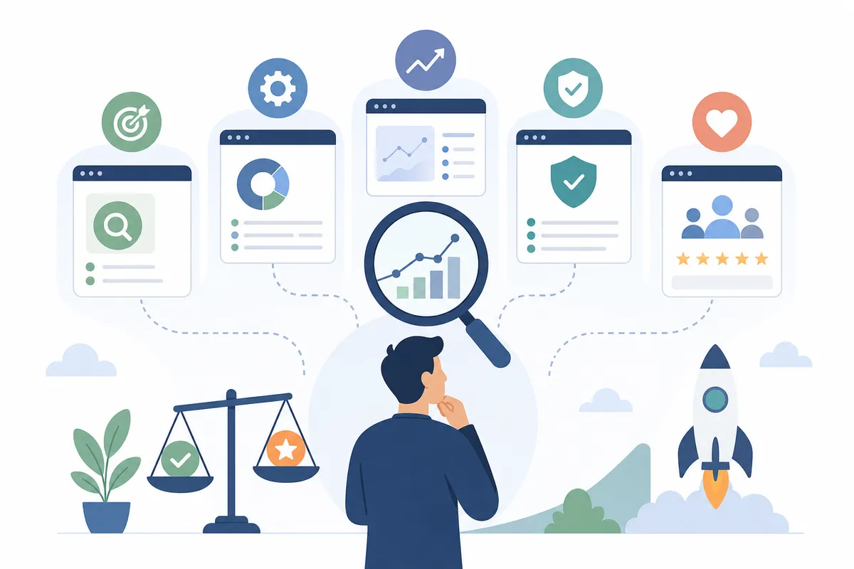 Two platforms side-by-side with checkmarks comparing features, price, and usability ratings for decision-making.