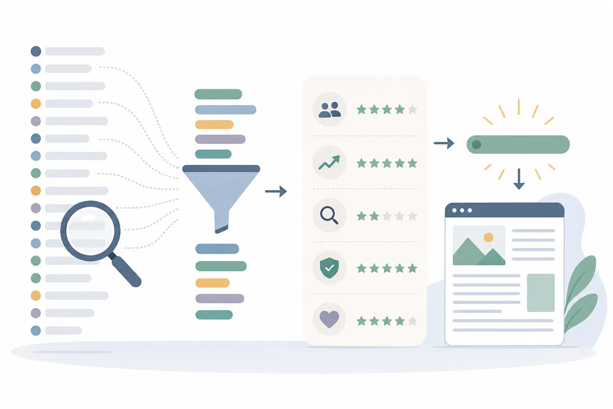Keyword shortlist scored by difficulty and buying intent to find winnable long-tail keywords