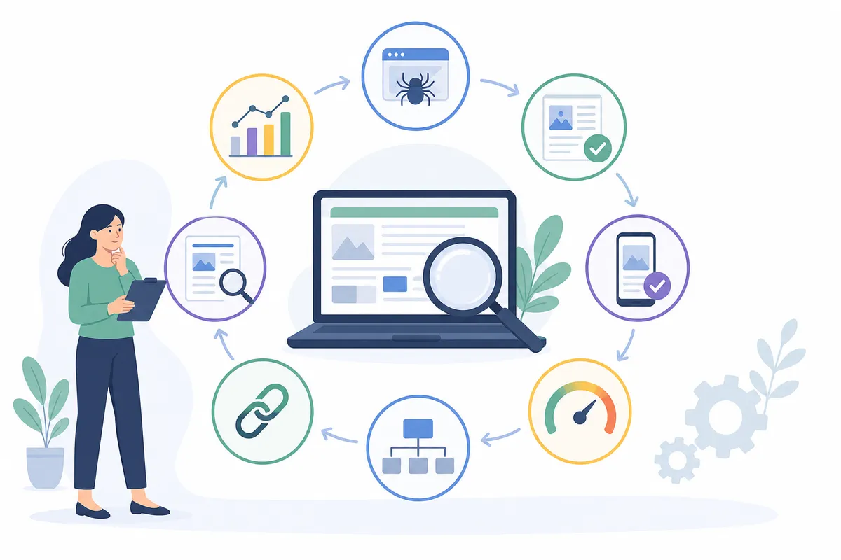 Step-by-step SEO audit checklist with crawl, on-page, speed, and schema stages