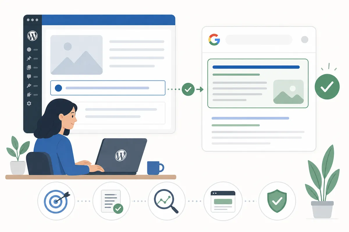 A diagram showing the separate post title and SEO title fields that feed a WordPress page's headline and search result