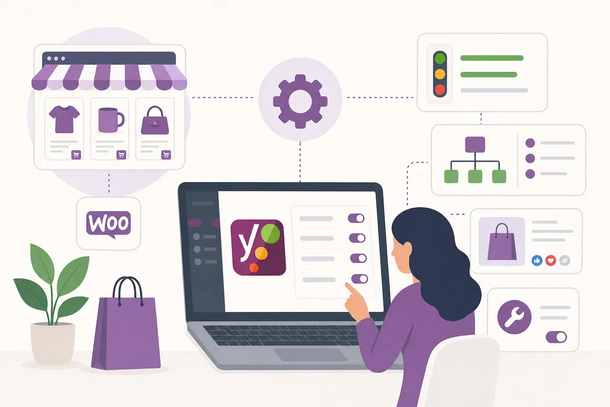 Éditeur de produit WordPress affichant l'onglet Yoast SEO dans la meta box Données produit de WooCommerce