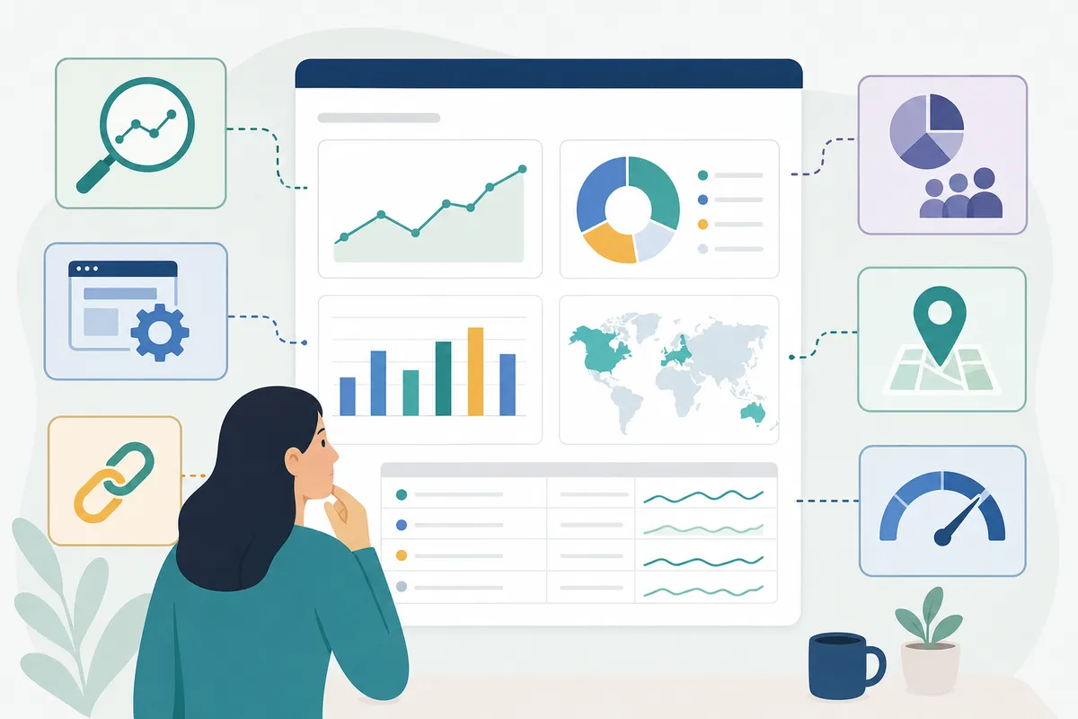 An SEO report broken down into distinct sections with labels and data visualizations for each area.