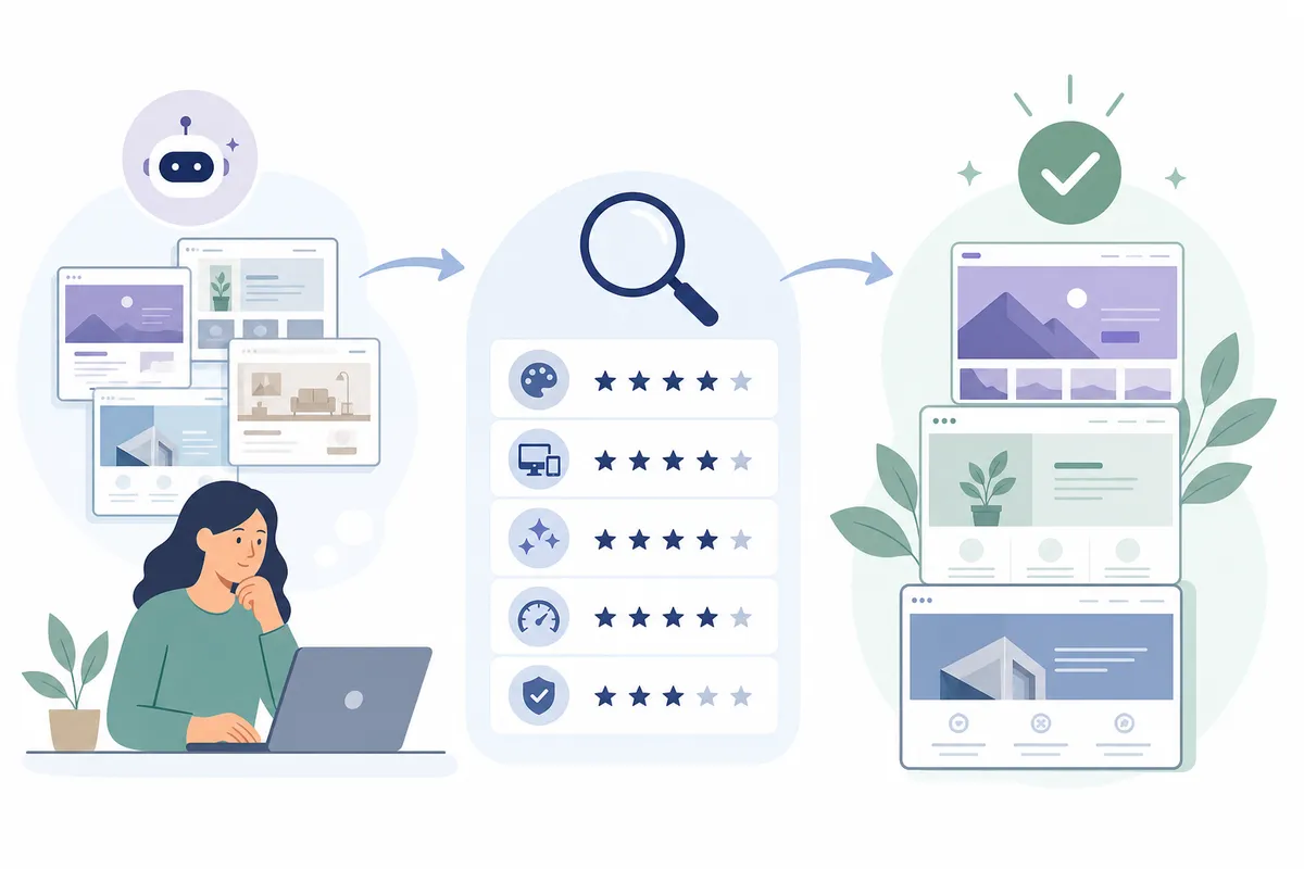 Diagram of the four criteria used to compare AI website builders: price, free plan, strengths and limits