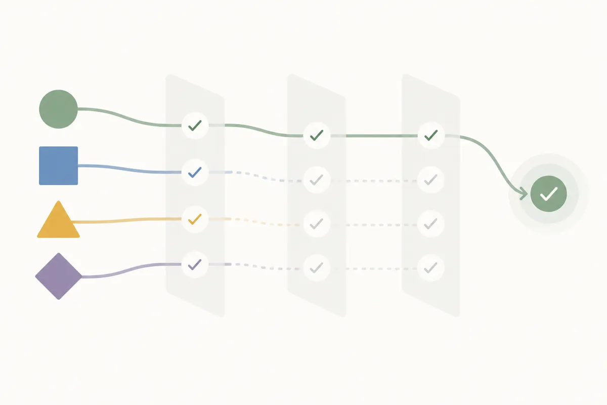 Flat illustration of four geometric shapes flowing through layers of checkmarks and converging into one selection.