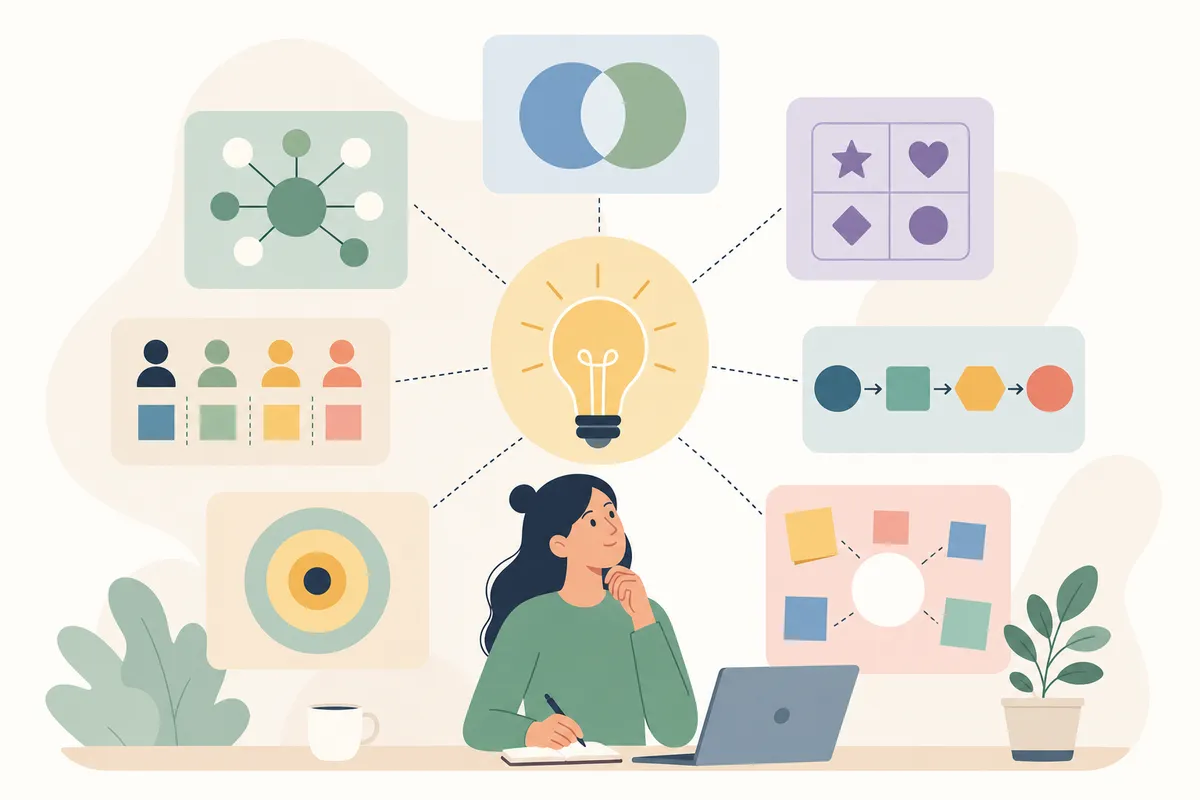 five sticky notes arranged into a simple content framework diagram