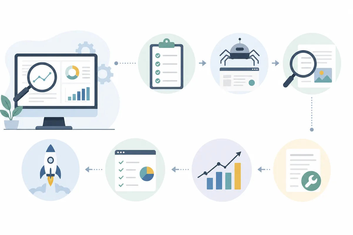 Checklist of the seven SEO audit workflow steps from indexing to competitive gaps