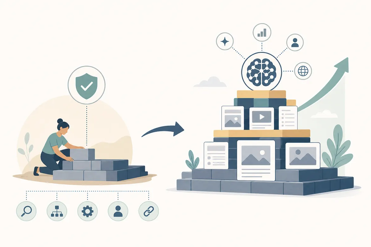 Hub and spoke site architecture with one primary keyword per page and internal links back to the hub