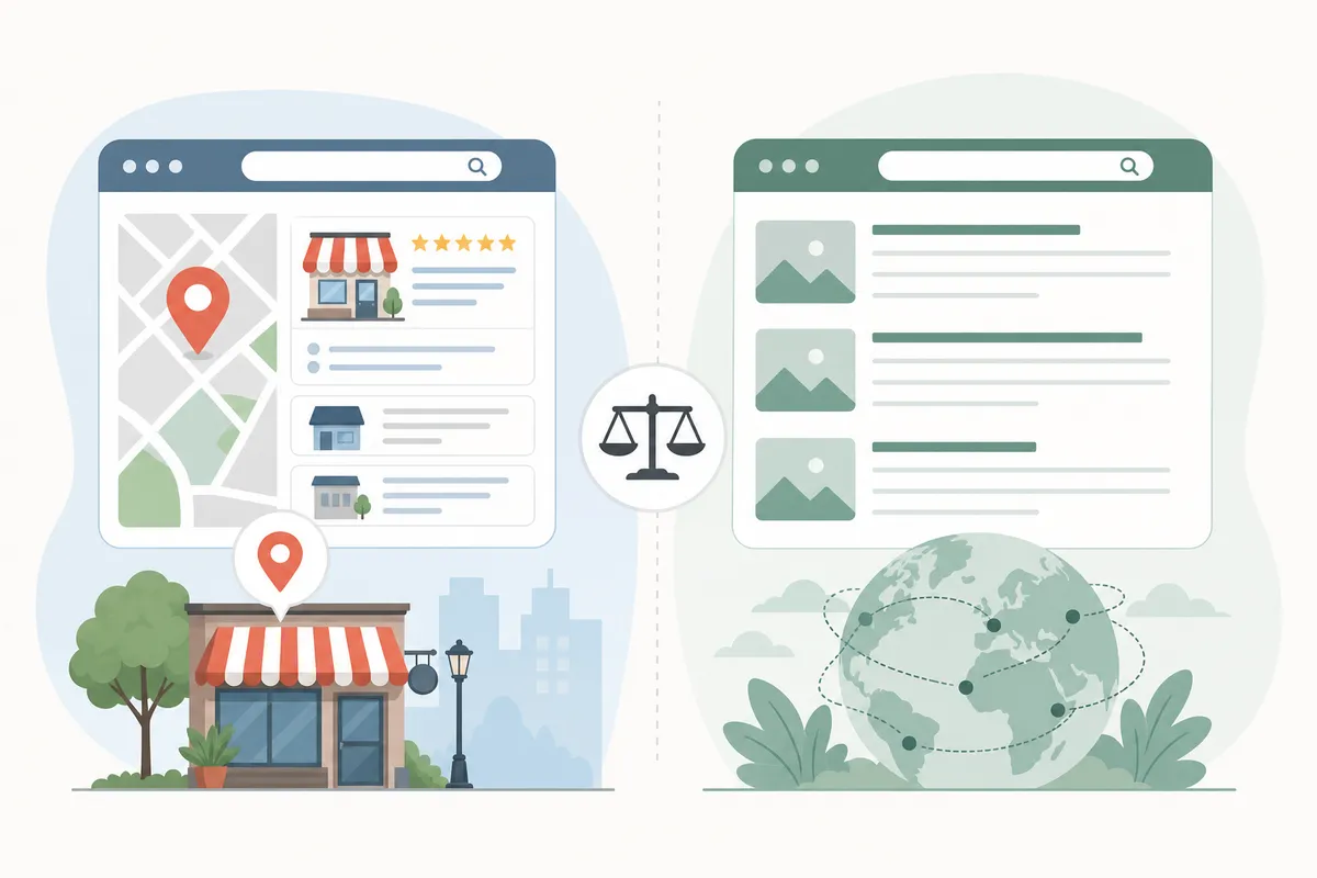 Side-by-side comparison of a local SEO search result with a map pack and a national search result with only organic links