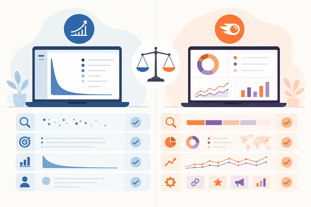 Comparación lado a lado de un informe de palabras clave de Long Tail Pro y una pantalla de la Keyword Magic Tool de Semrush