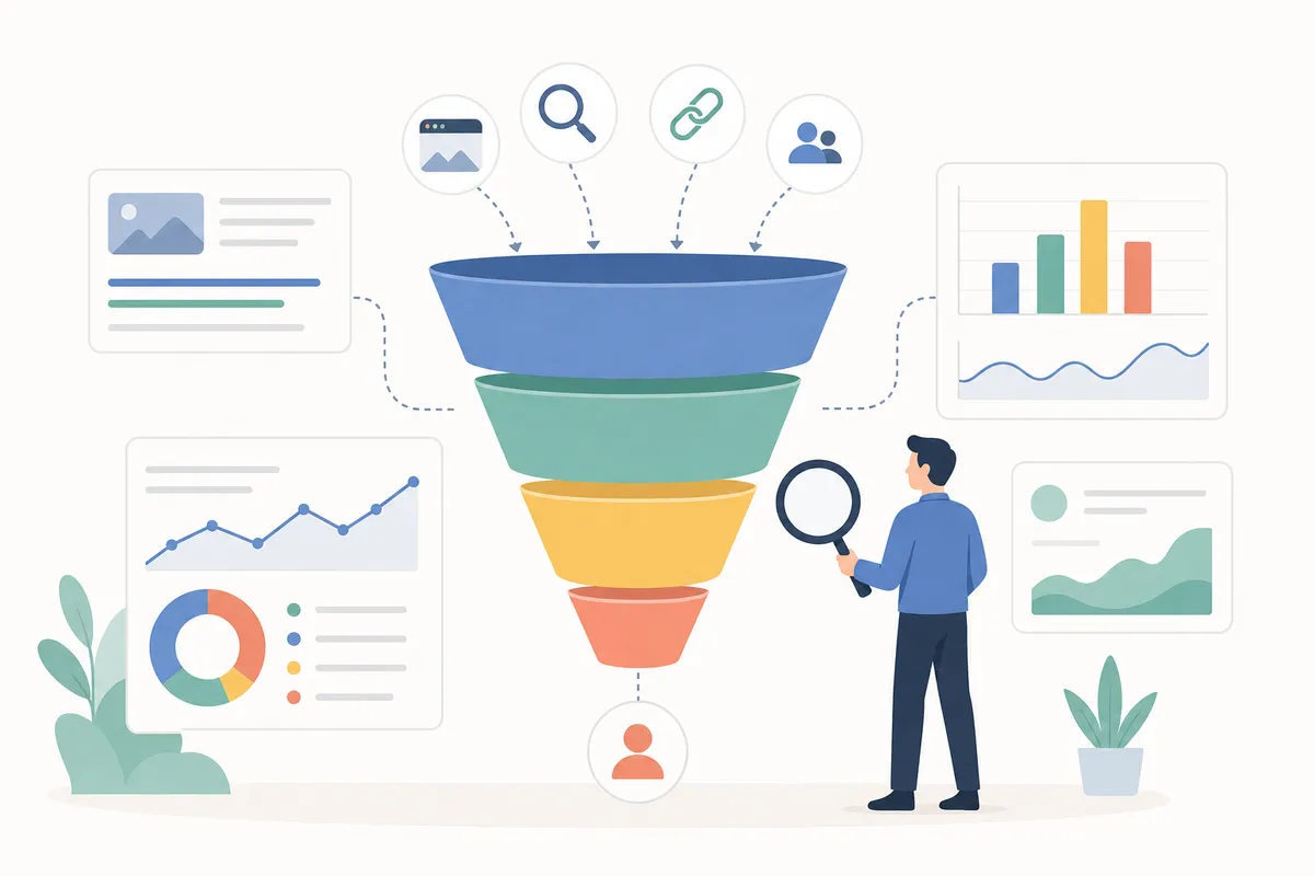 Panel que muestra lado a lado las impresiones de Search Console, las métricas de interacción y la tasa de conversión