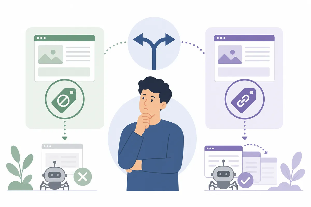 Comparison of noindex and canonical tags in the HTML head of a syndicated article page