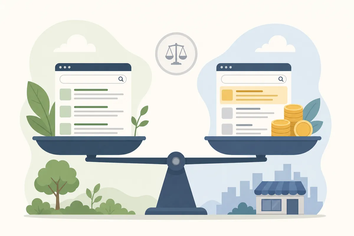 Comparison of organic and paid listings on a Google results page