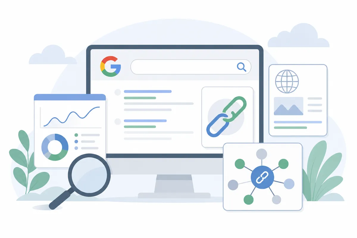 A diagram of free alternatives to the Links report for checking backlinks, such as the link: operator and GA4 referral data.