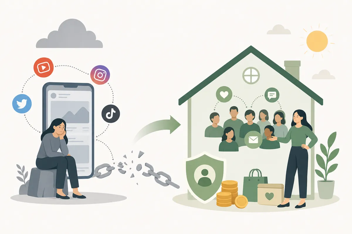 Illustration contrasting owned organic search traffic with rented social media traffic
