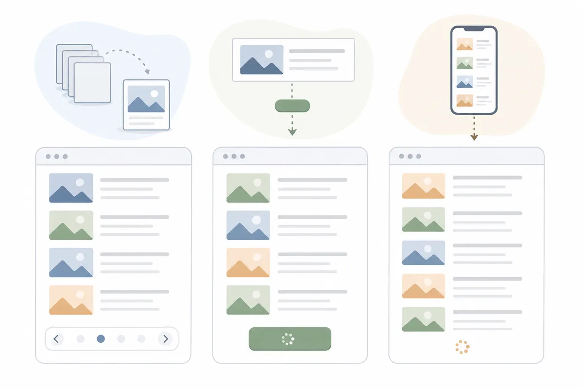 Side-by-side comparison of numbered pagination and an infinite-scroll product feed