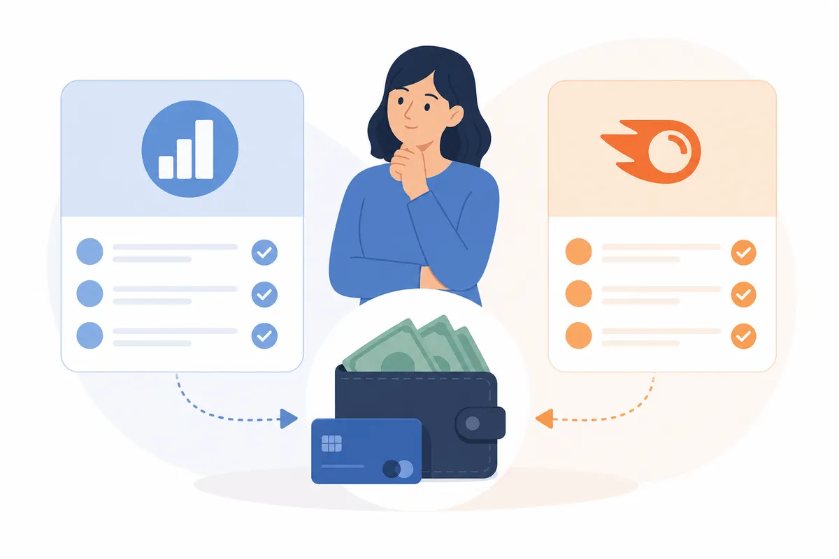 Diagram of SE Ranking and Semrush plan tiers and the add-on costs that change the total