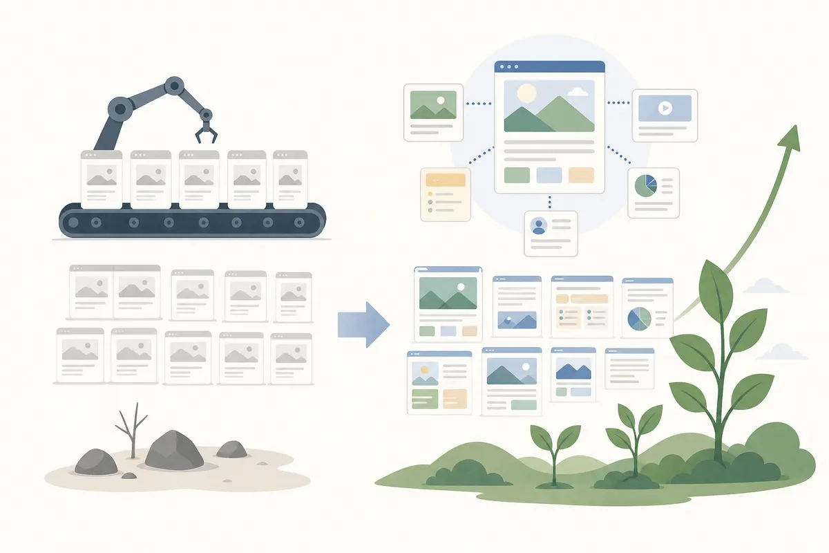 Editorial workflow showing content templates feeding scaled article production