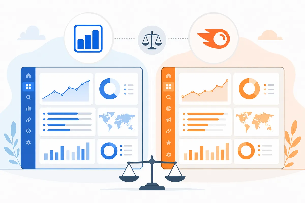 Diagram comparing SE Ranking and Semrush side by side on price, trial and strengths