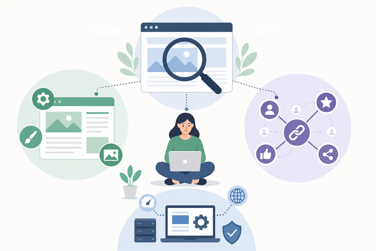 Three colorful boxes with icons representing on-page content, off-page links, and technical SEO components.