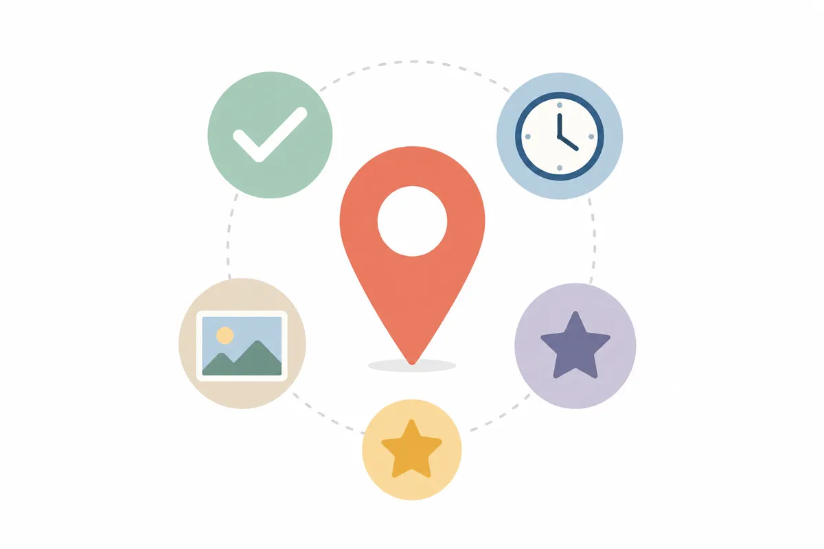 Flat illustration of a location pin centered with a checkmark, clock, photograph, and stars arranged in a circle around it.