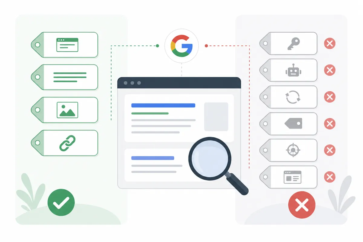 Illustration of a search results page between two columns of tags: four Google uses on the left with a tick, six it ignores on the right with a cross