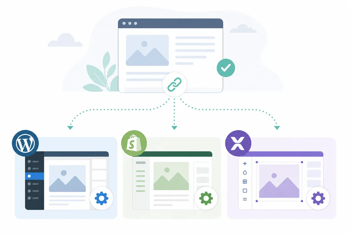 Side-by-side screenshots of canonical URL settings in WordPress, Shopify, and Wix