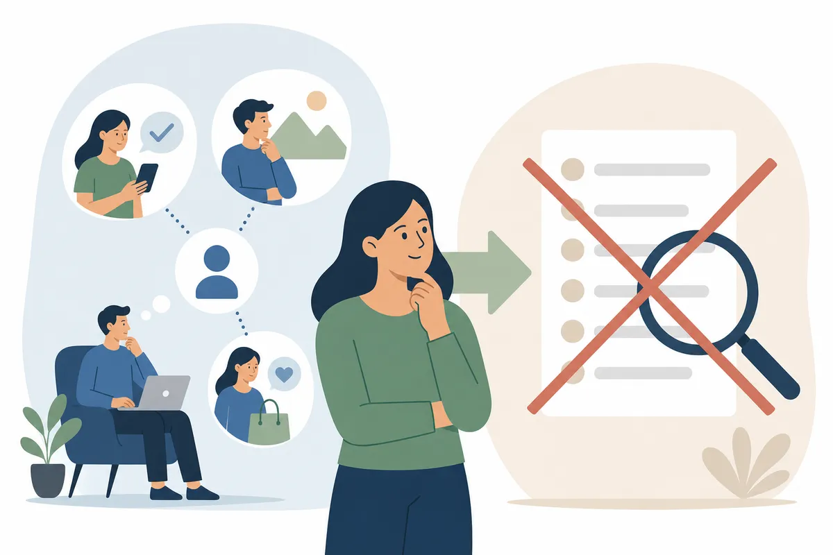 Person searching with thought bubble showing their real need instead of keyword terms.