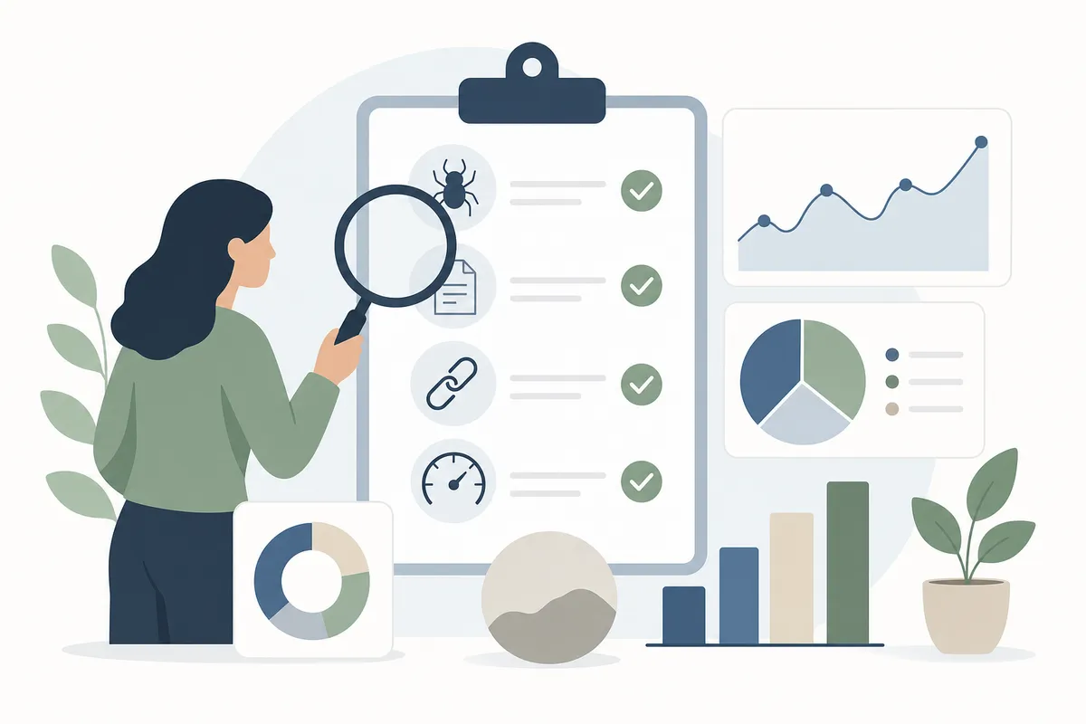 checklist showing a technical SEO audit covering crawl errors, rankings, and content performance