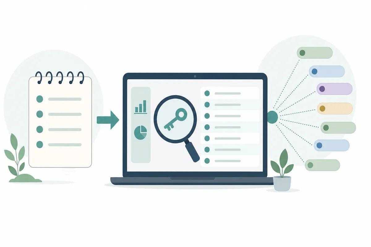 Keyword research tool listing related keywords with search volume and difficulty columns