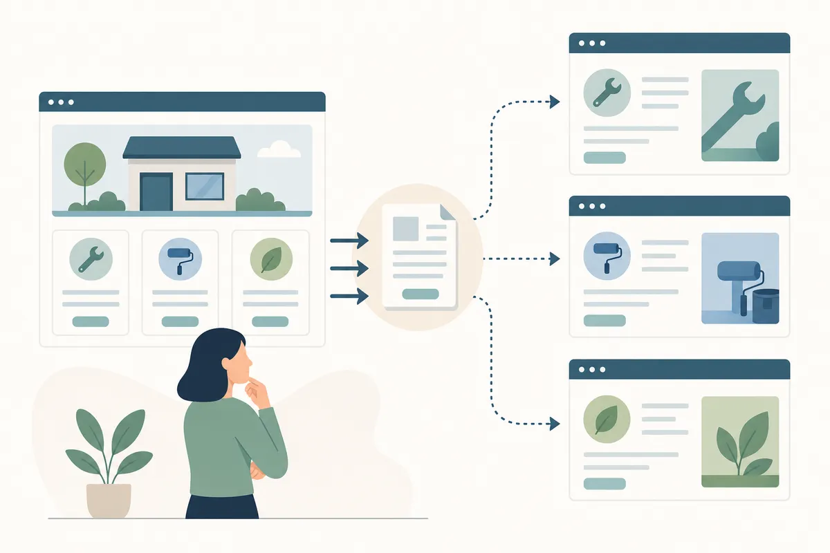 Website structure diagram with a homepage, a services hub and individual service and location pages