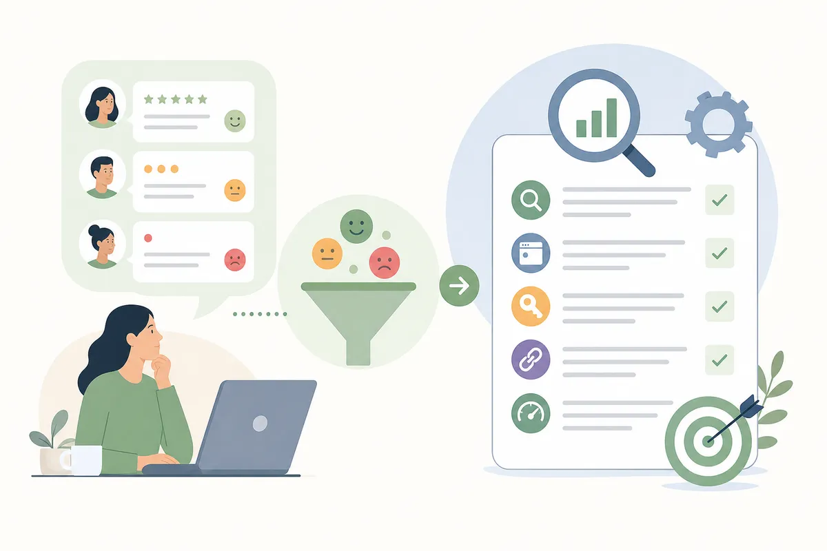 Spreadsheet tagging user feedback themes and mapping them to pages and keywords