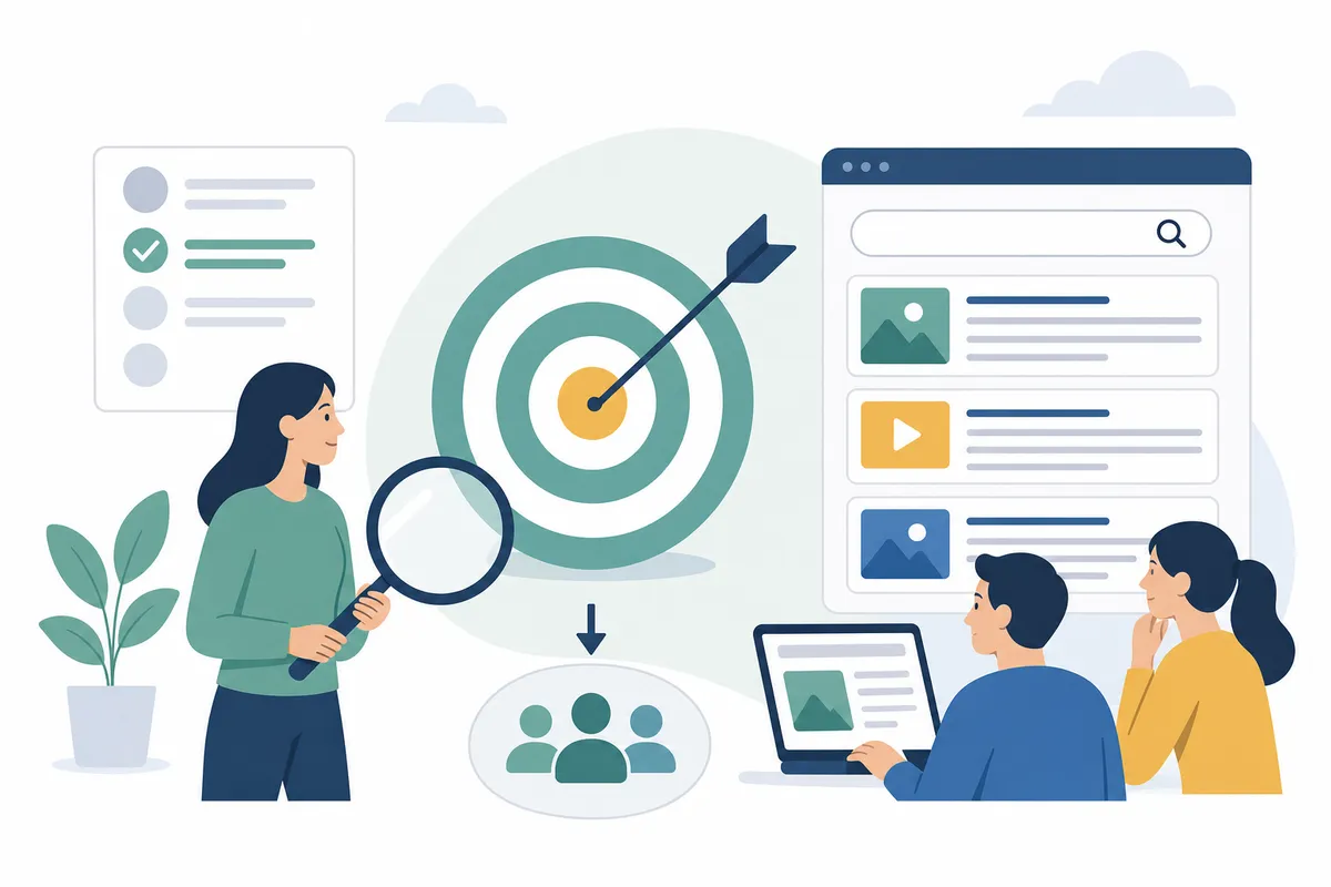 Magnifying glass highlighting keywords with high search volume bars and low competition levels.
