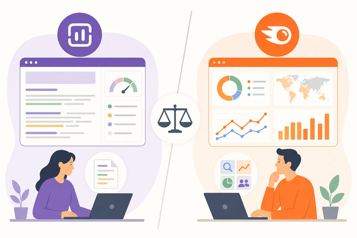 Comparaison côte à côte de l'éditeur de contenu de Surfer SEO et du tableau de bord de la boîte à outils de Semrush