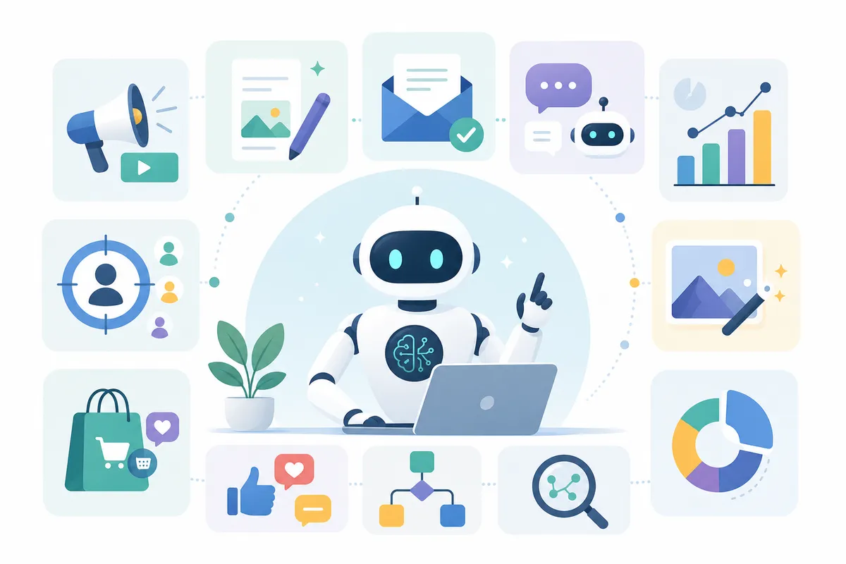 Icons for content, SEO, social, CRM and automation tools connected around a central marketing dashboard