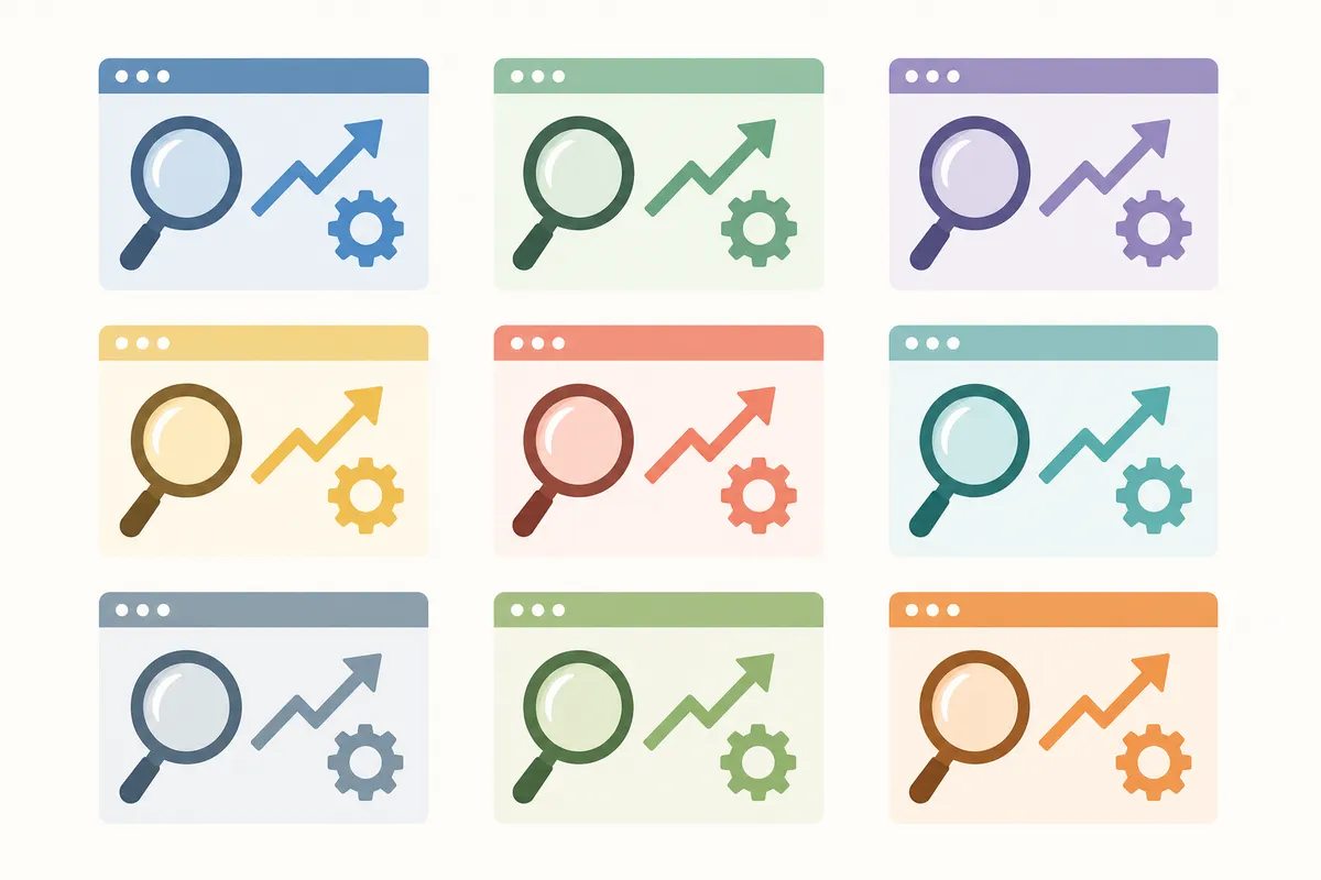 Flat illustration of nine rectangular browser frames with magnifying glass icons, upward arrows, and settings gears arranged in a grid pattern.
