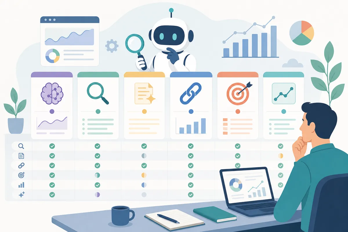 Six product icons displayed in a row with feature badges and comparison columns.