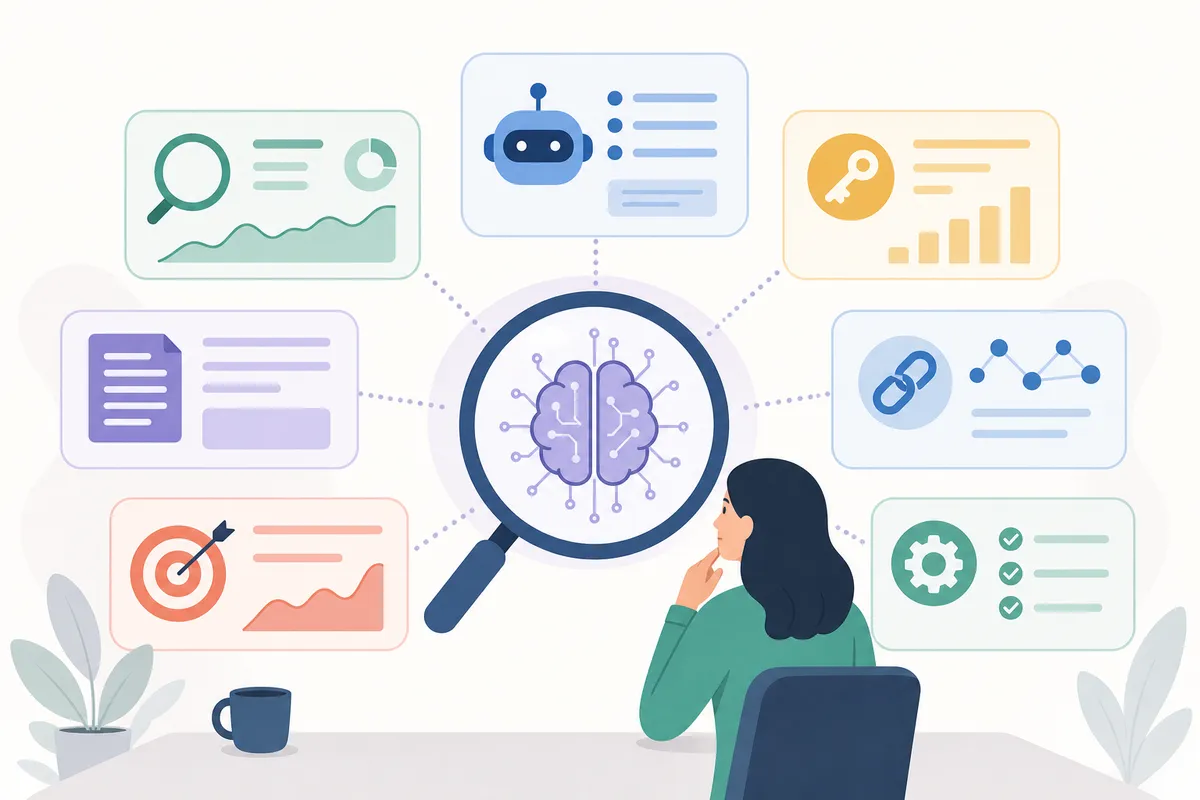 Comparison grid displaying AI SEO tool logos, capabilities, and feature checkmarks side by side.