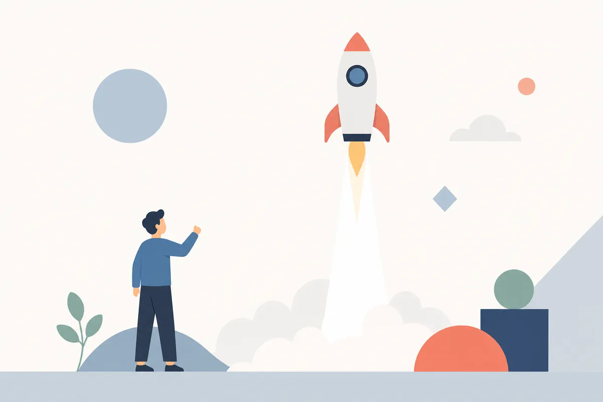 Flat illustration of a beginner launching a rocket upward through minimal geometric shapes.