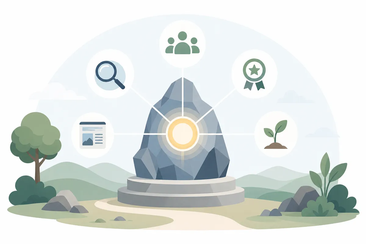 Diagram showing the core principles of an organic search optimization strategy: keyword intent, content quality, and crawlable structure