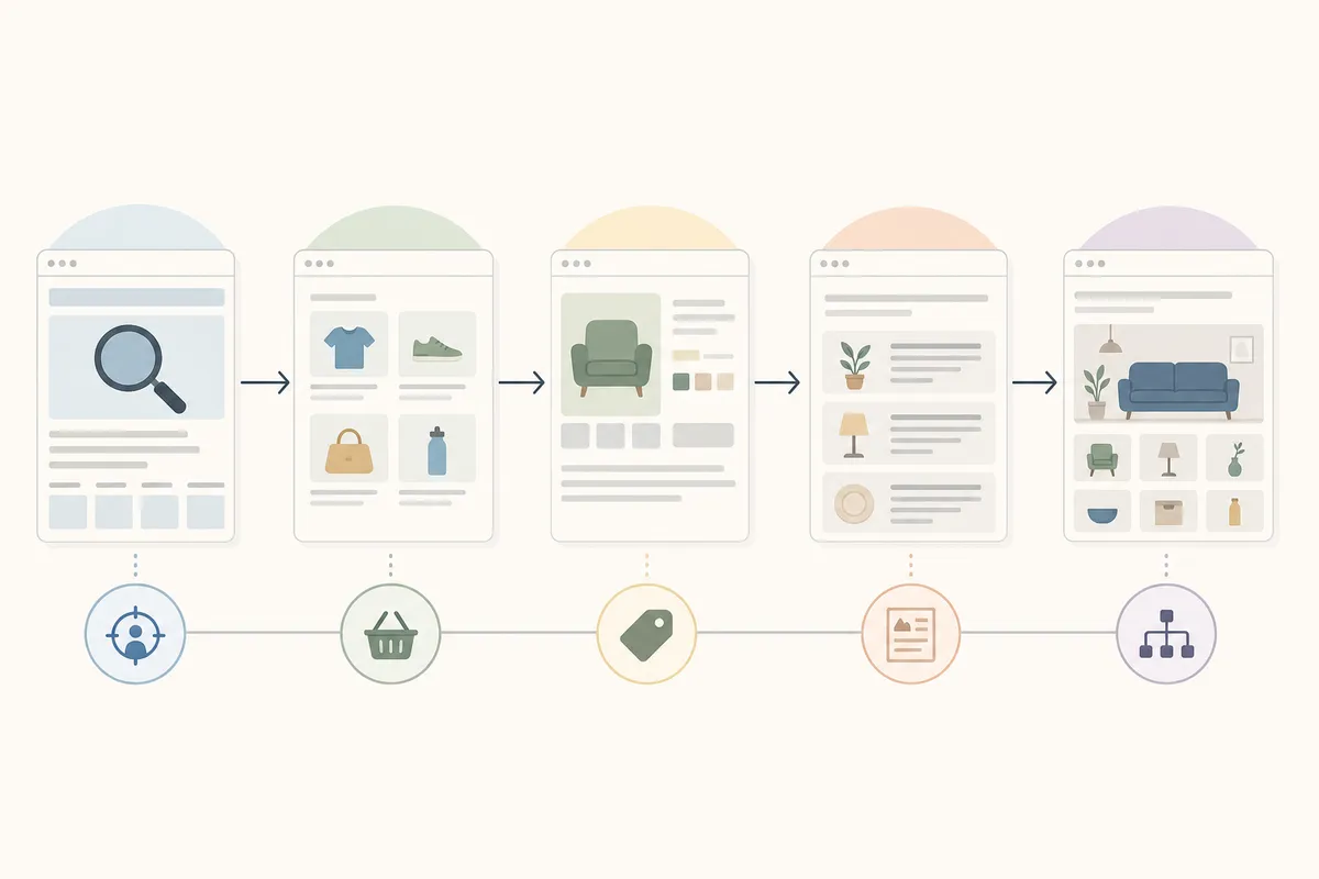 Comparison of the five ecommerce programmatic SEO page types from category to comparison pages