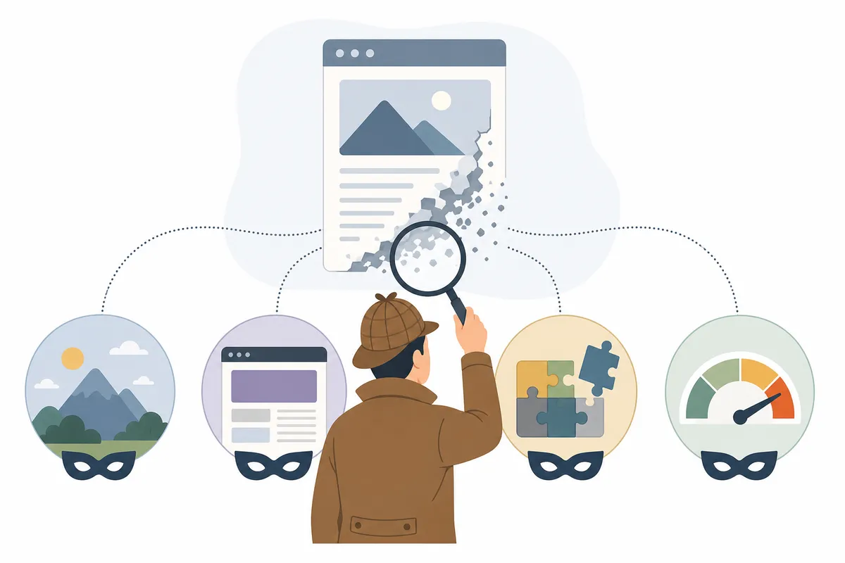 Four side-by-side scenarios showing seasonal traffic dip, algorithm change, technical error, and audience shift.