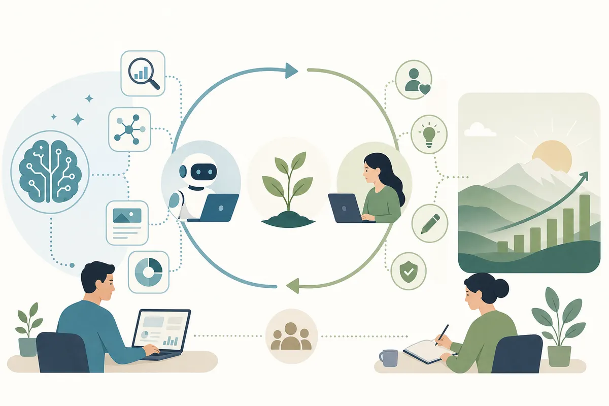 Workflow diagram splitting SEO tasks between AI automation and human judgment