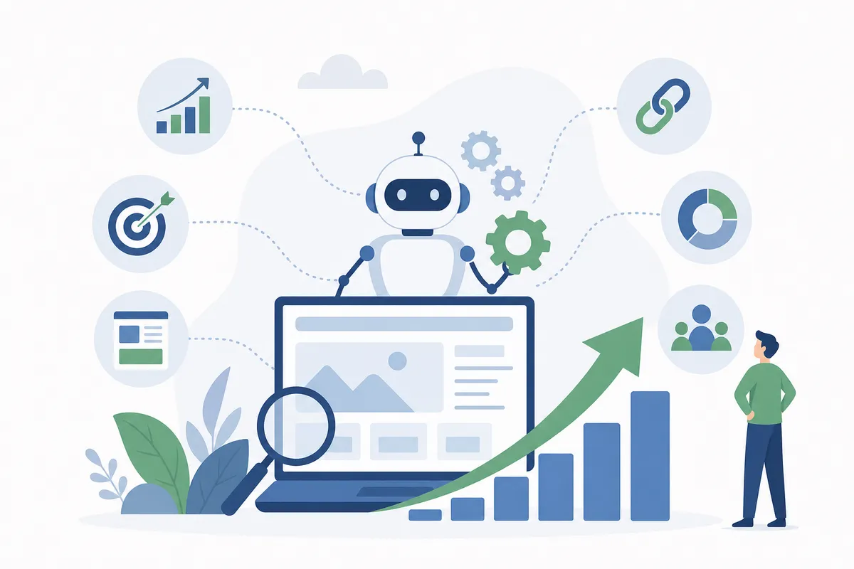 checklist of automated SEO tasks including keyword research, technical audits, and content checks